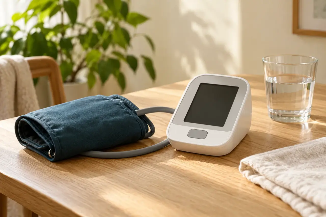 Blutdruckmessgerät mit ausgeschaltetem Display auf einem Tisch