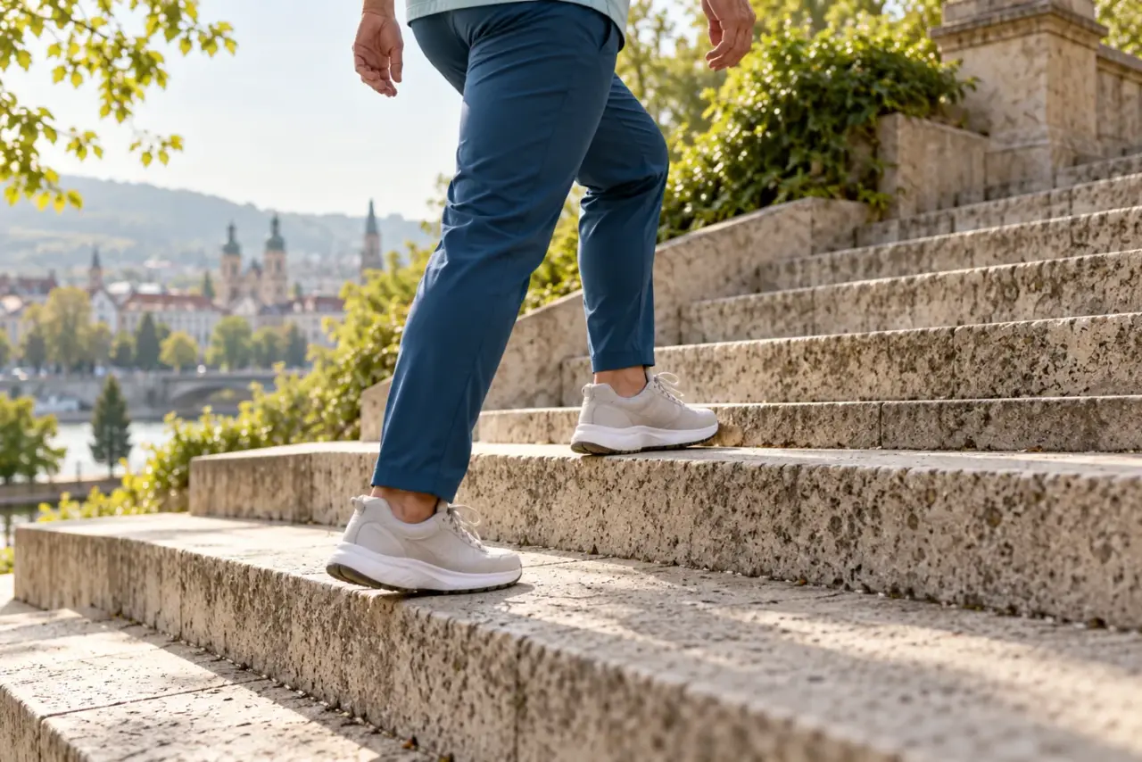 Person steigt eine Treppe im Freien hinauf