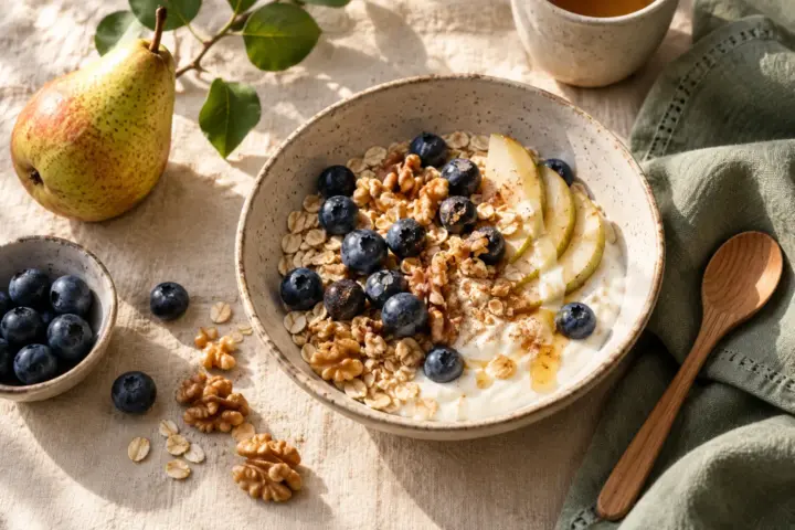 Schale mit Haferflocken, Joghurt, Beeren und Nüssen