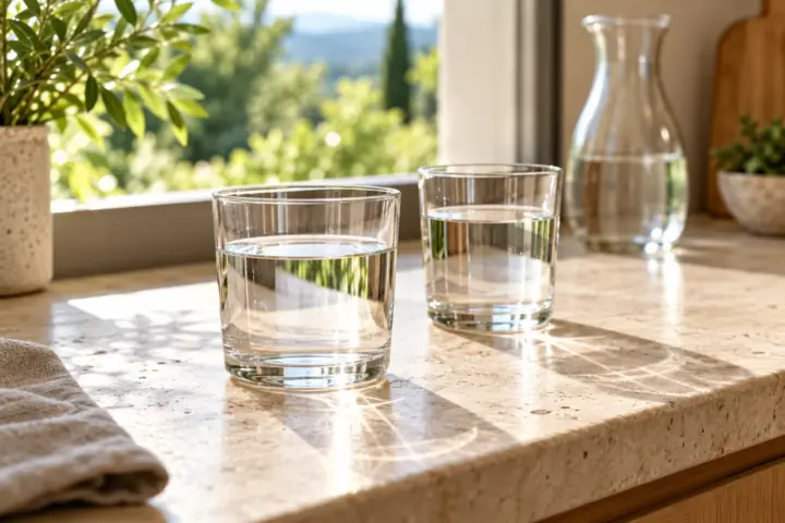 Wassergläser und eine Karaffe auf einer Küchenarbeitsplatte