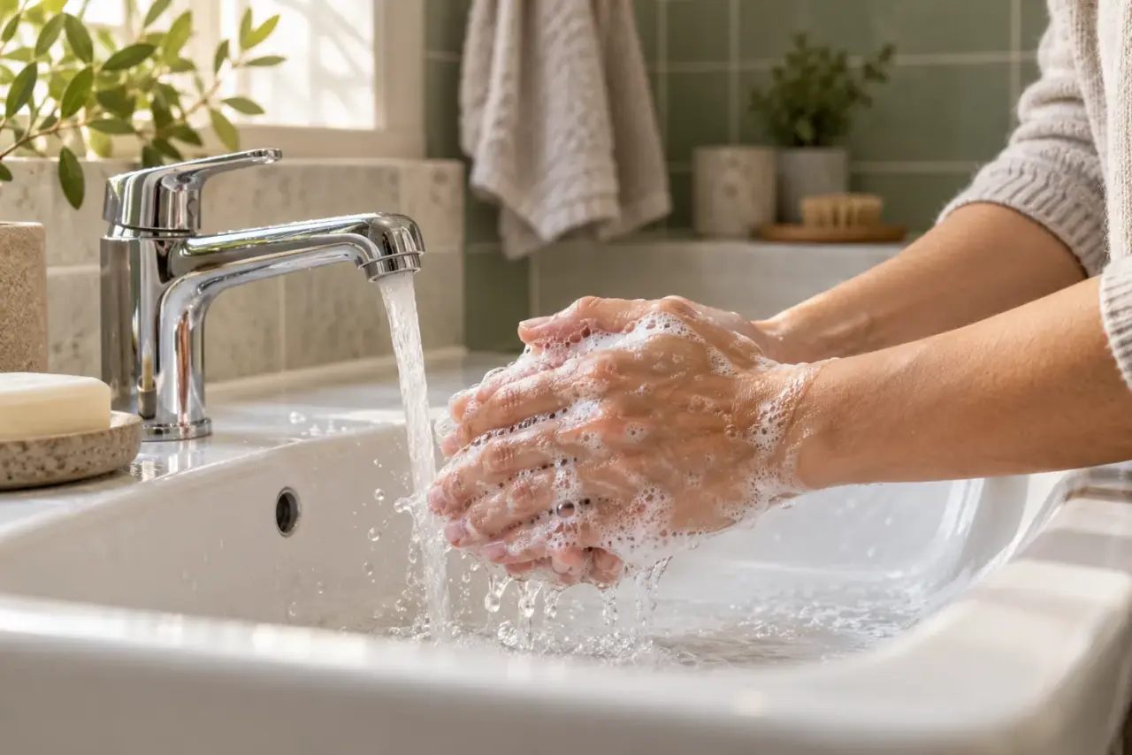 Hände werden am Waschbecken mit Seife gewaschen
