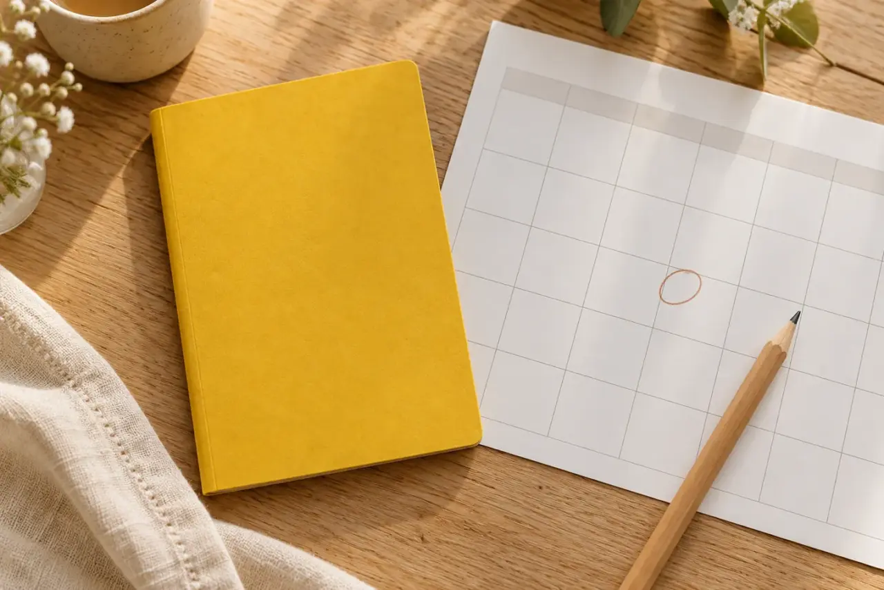 Gelbes Heft und Kalender zur Planung eines Vorsorgetermins