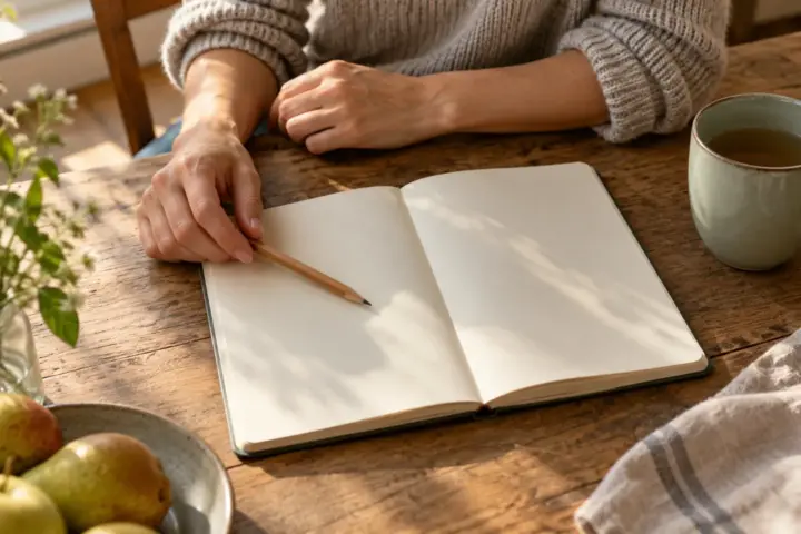 Hände neben einem aufgeschlagenen Notizbuch und einer Tasse