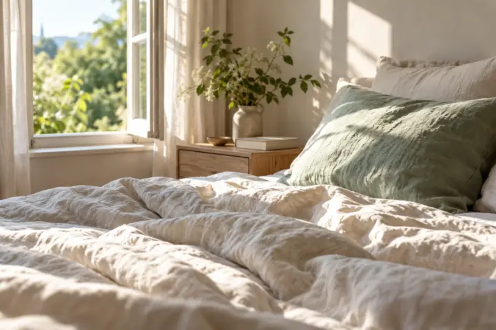 Schlafzimmer mit Leinenbettwäsche im Morgenlicht