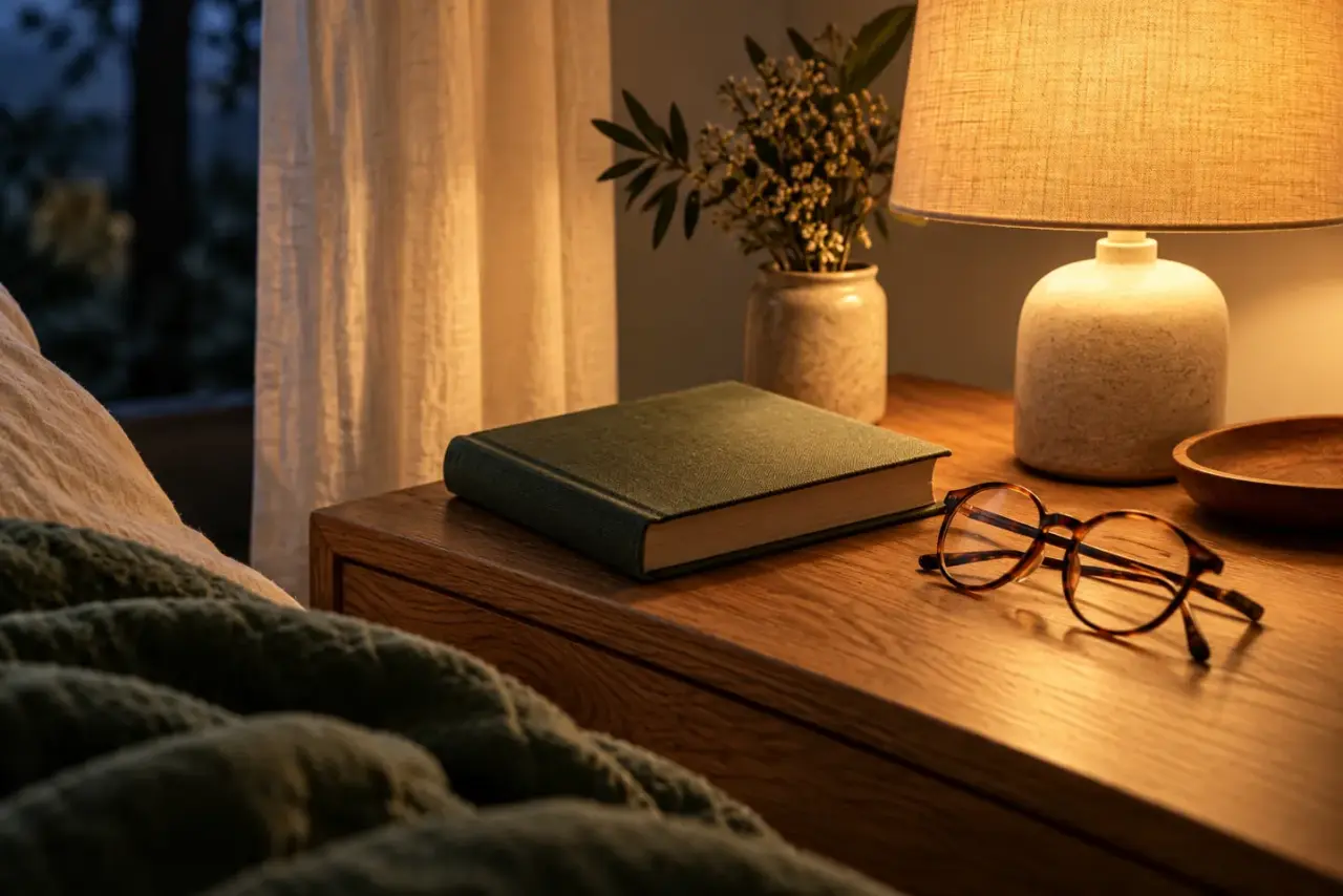 Buch und Lesebrille im warmen Licht einer Nachttischlampe